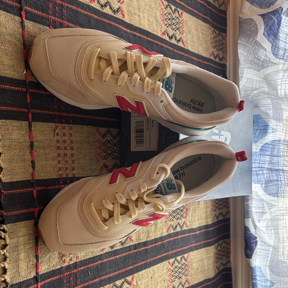 New Balance Cream and Red Athletic Shoes